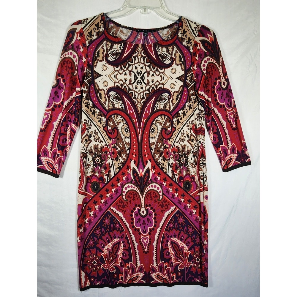 Tiana B Womens 10 Dress Paisley Boho Baroque 3/4 Sleeve Red Purple Stretch